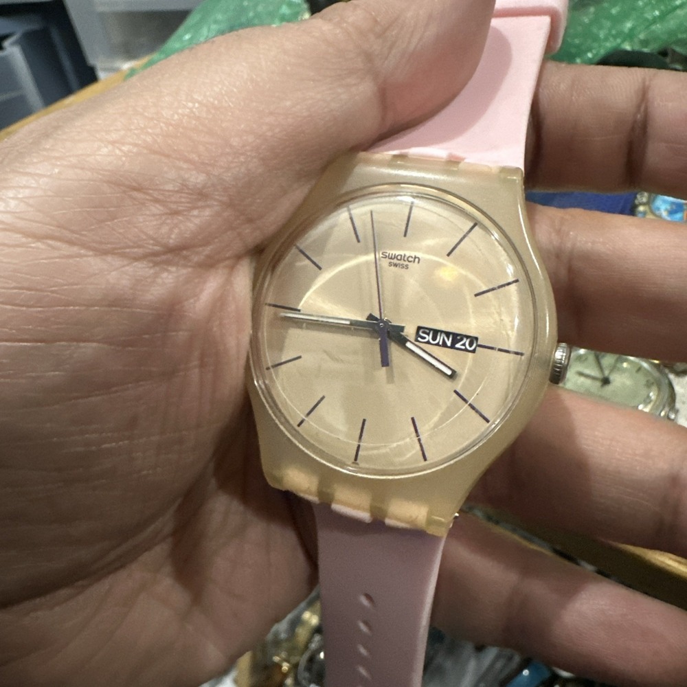 Working Swatch Ladies Sport Pink Rose Rebel Silicone Band Quartz 41mm Watch 8"